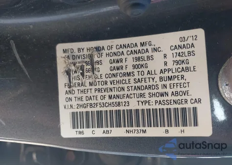 2012 Honda Civic Lx from USA, damaged, VIN 2HGFB2F53CH558123